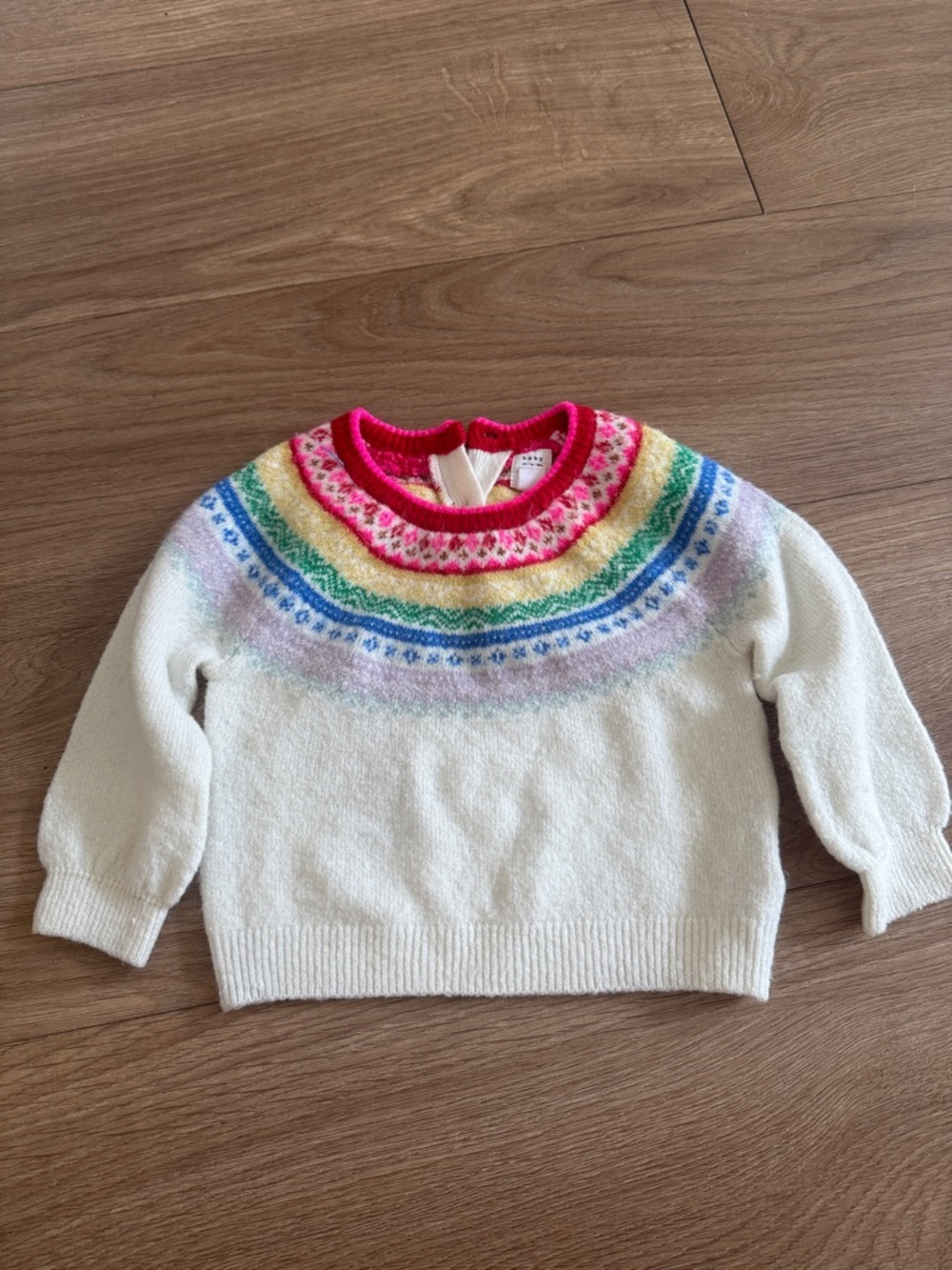 GAP Cream Sweater with Rainbow Yoke and Pink Neckline 6 - 12 months